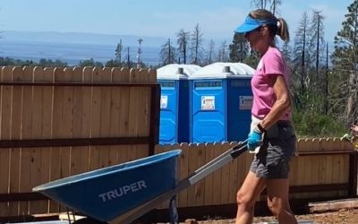 A woman volunteer pushing a wheelbarrow.